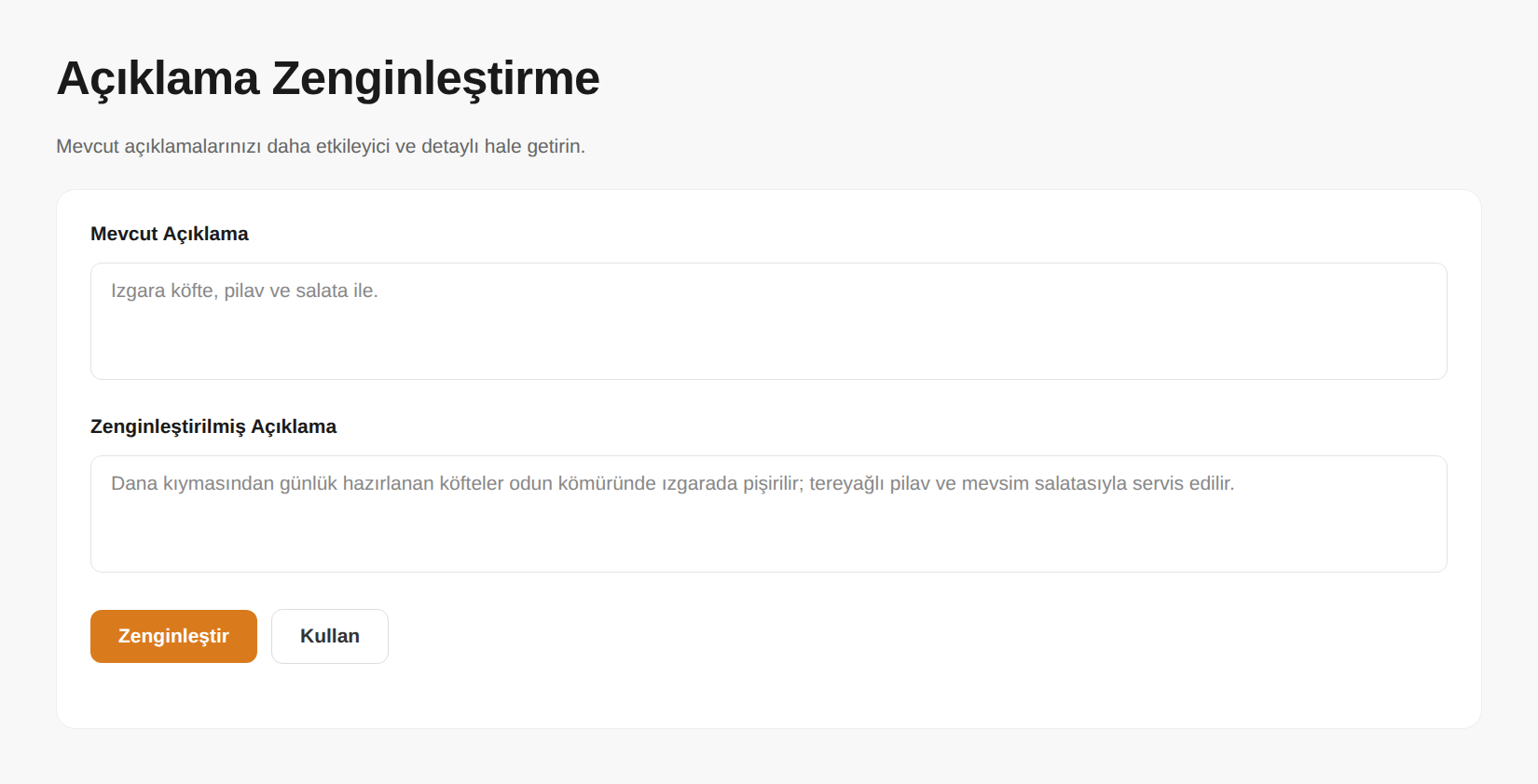 Açıklama Zenginleştirme panel ekranı
