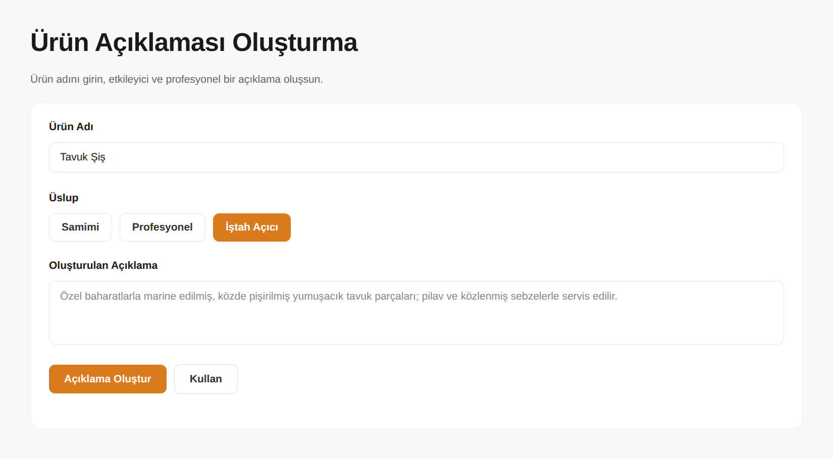 Ürün Açıklaması Oluşturma panel ekranı