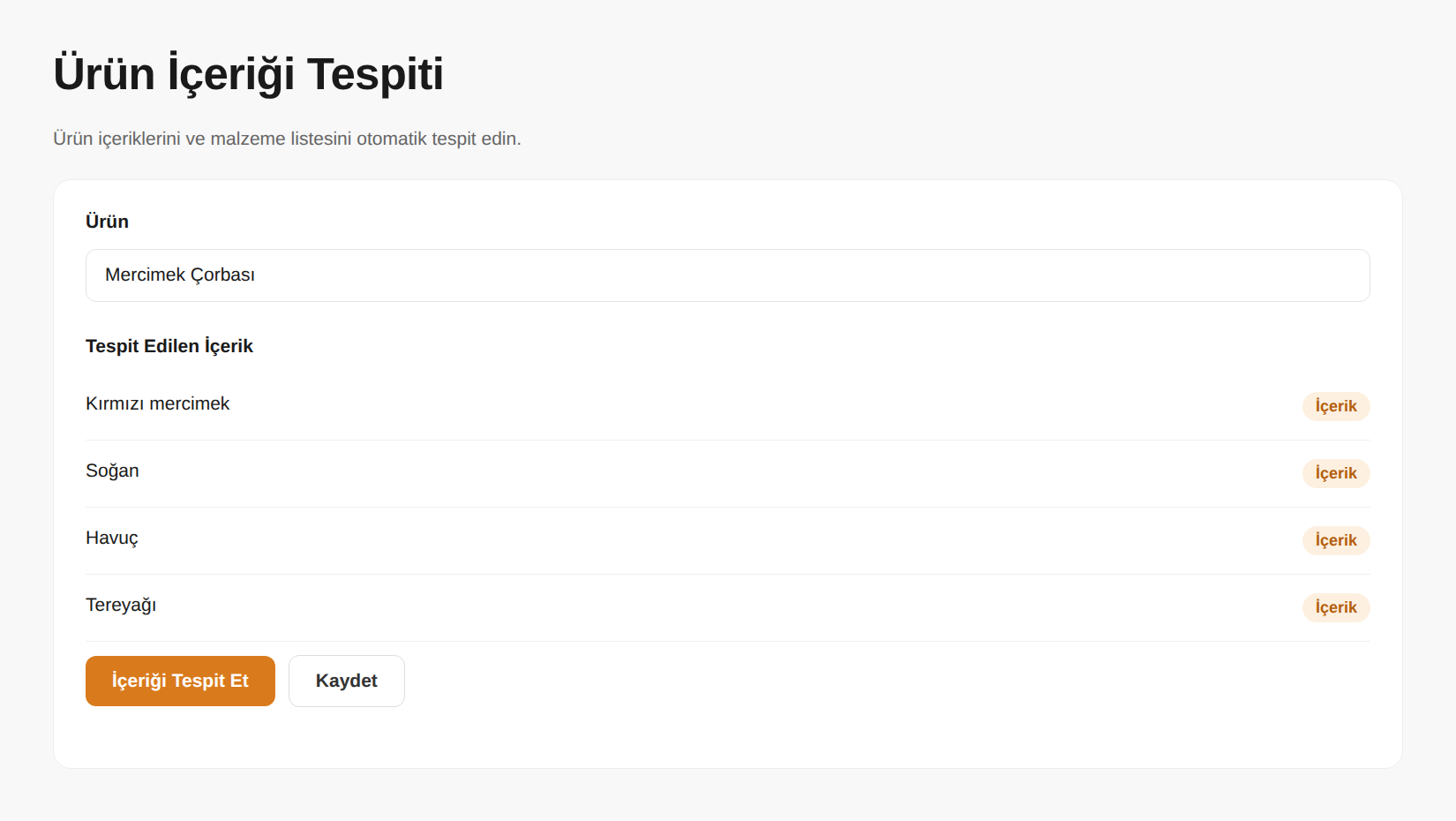Ürün İçeriği Tespiti panel ekranı