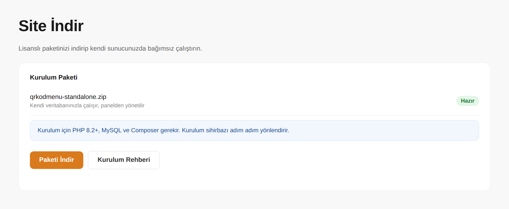 Kendi Sunucunuza Kurulum panel ekranı