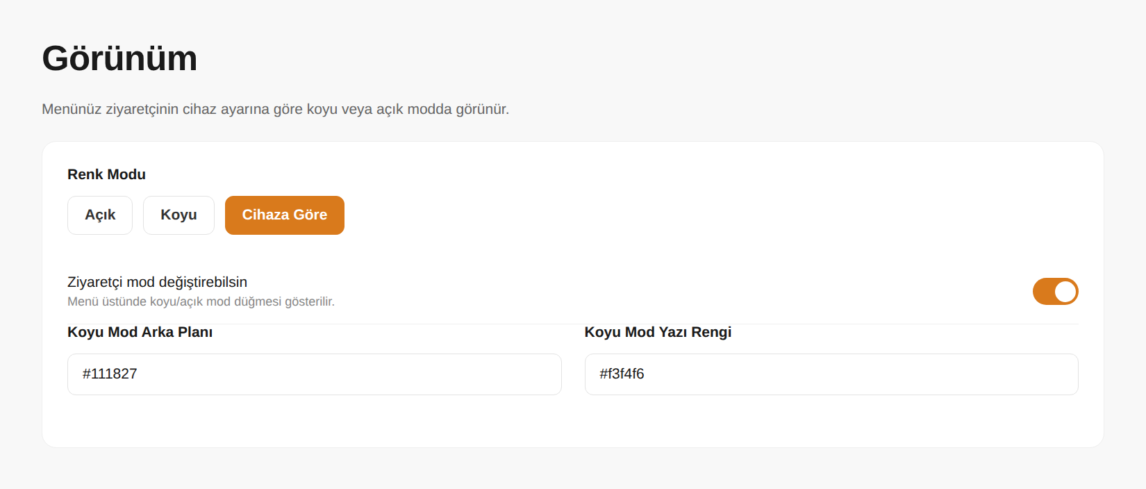 Koyu / Açık Mod panel ekranı