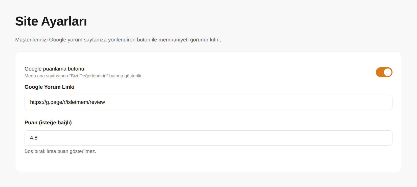 Google Puanlama Entegrasyonu panel ekranı