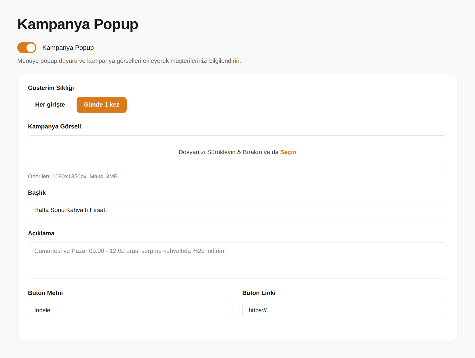 Popup Duyuru & Kampanya panel ekranı