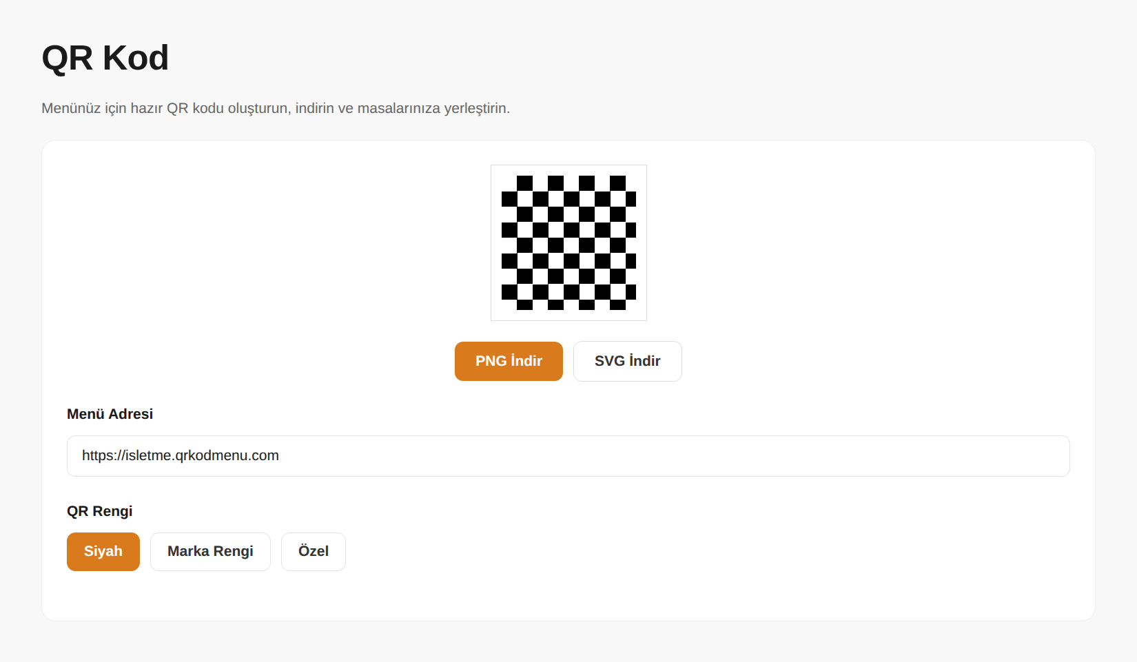 QR Kod Oluşturma panel ekranı