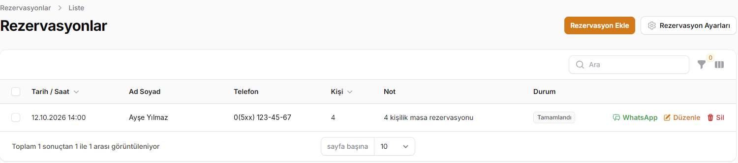 Rezervasyon Talebi panel ekranı